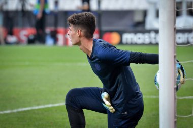 İstanbul, Türkiye - 14 Ağustos 2019: Kepa Arrizabalaga ve Uefa Süper Kupası Finalleri öncesinde Türkiye 'nin Vodafone Park kentinde Liverpool ve Chelsea arasında oynanan karşılaşma öncesi oyuncu antrenman oturumu