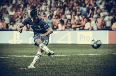 Istanbul, Turkey - August 14, 2019: Mason Mount shoot penalty during the UEFA Super Cup Finals match between Liverpool and Chelsea at Vodafone Park in Vodafone Arena, Turkey