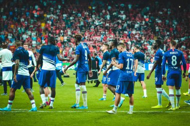 Istanbul, Turkey - August 14, 2019: Chelsea Football player thanks fans or their support during the UEFA Super Cup Finals match between Liverpool and Chelsea at Vodafone Park, Turkey
