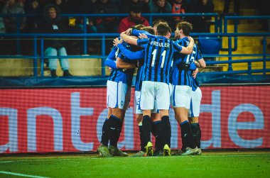 KHARKIV, UKRAINE - December 11, 2019: Atalanta BC  player celebrate goal scored during the UEFA Champions League match between Shakhtar vs Atalanta Bergamasca Calcio BC (Italy), Ukraine