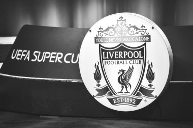 Istanbul, Turkey - August 14, 2019: Liverpool logo on the prepared stage for the celebration. during the UEFA Super Cup Finals match between Liverpool and Chelsea at Vodafone Park, Turkey