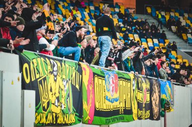 LVIV, UKRAINE - November 07, 2019: Football fans and ultras support their team during the UEFA Europa League match between Alexandria vs AS Saint Etienne (France), Ukraine