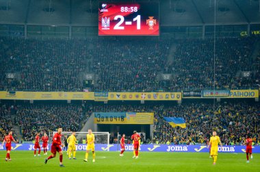 Kyiv, Ukrayna - 14 Ekim 2019: Uefa Euro 2020 ön eleme maçında Ukrayna milli takımı Ukrayna milli takımı Ukrayna ile oynamıştır.