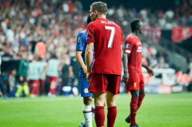 Istanbul, Turkey - August 14, 2019: James Milner during the UEFA Super Cup Finals match between Liverpool and Chelsea at Vodafone Park in Vodafone Arena, Turkey