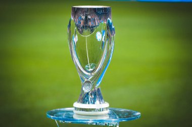 Istanbul, Turkey - August 14, 2019: Official 2019 UEFA Super Cup in Istanbul is on the pedestal during the UEFA Super Cup Finals match between Liverpool and Chelsea at Vodafone Park, Turkey