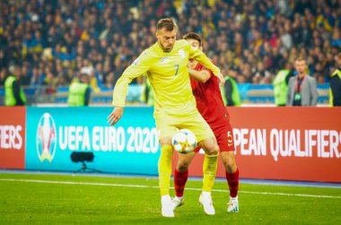Kyiv, Ukrayna - 14 Ekim 2019: Uefa Euro 2020 ön eleme karşılaşmasında Ukrayna milli takımı Ukrayna milli takımı Ukrayna ile oynanan karşılaşmada Andrii Yarmolenko
