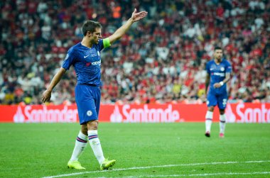 İstanbul, Türkiye - 14 Ağustos 2019: Türkiye 'nin Vodafone Arena kentindeki Vodafone Park' ta Liverpool ile Chelsea arasında oynanan Uefa Süper Kupası Finalleri sırasında Cesar Azpilicueta