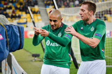 LVIV, UKRAINE - November 07, 2019: Robert Beric  and Wahbi Khazri celebrate goal scored during the UEFA Europa League match between Alexandria vs AS Saint Etienne (France), Ukraine