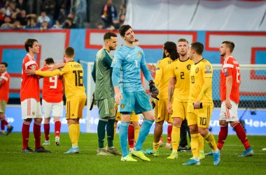 SAINT-PETERSBURG, RUSSIA - November 16, 2019: Belgian national football team celebrate victory  after UEFA EURO 2020 qualifying match between national team Russia against Belgium, Russia