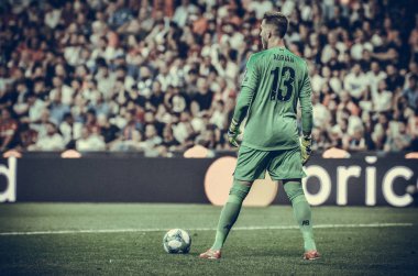 İstanbul, Türkiye - 14 Ağustos 2019: Vodafone Arena, Türkiye 'deki Vodafone Park' ta Liverpool ile Chelsea arasında oynanan Uefa Süper Kupası Finalleri 'nde Adrian oyuncusu