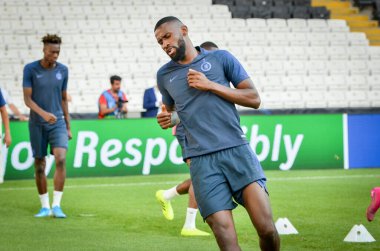 İstanbul, Türkiye - 14 Ağustos 2019: Antonio Rudiger ve antrenman oturumu Uefa Süper Kupası Finalleri öncesinde Liverpool ile Chelsea arasında Vodafone Park, Türkiye 'de oynanan Vodafone Arena maçından önce