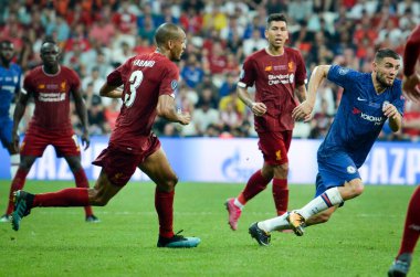 Istanbul, Turkey - August 14, 2019: Fabinho and Mateo Kovacic during the UEFA Super Cup Finals match between Liverpool and Chelsea at Vodafone Park in Vodafone Arena, Turkey