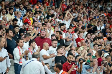 Istanbul, Turkey - August 14, 2019: Liverpool Football fans and spectators during the UEFA Super Cup Finals match between Liverpool and Chelsea at Vodafone Park in Vodafon Arena, Turkey