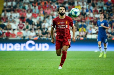 Istanbul, Turkey - August 14, 2019: Mohamed Salah player during the UEFA Super Cup Finals match between Liverpool and Chelsea at Vodafone Park in Vodafone Arena, Turkey