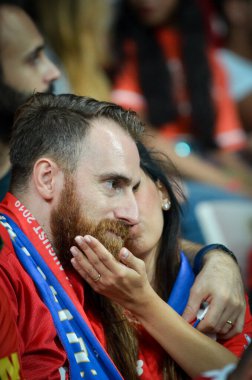 Istanbul, Turkey - August 14, 2019: Liverpool Football fans and spectators during the UEFA Super Cup Finals match between Liverpool and Chelsea at Vodafone Park in Vodafon Arena, Turkey