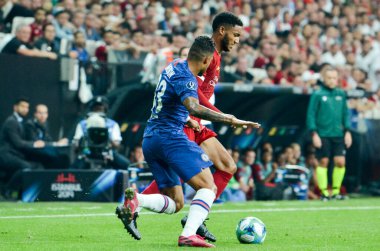 Istanbul, Turkey - August 14, 2019: Emerson and Joe Gomez during the UEFA Super Cup Finals match between Liverpool and Chelsea at Vodafone Park in Vodafone Arena, Turkey