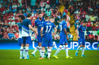 Istanbul, Turkey - August 14, 2019: Chelsea player  during half-time break during the UEFA Super Cup Finals match between Liverpool and Chelsea at Vodafone Park in Vodafone Arena, Turkey
