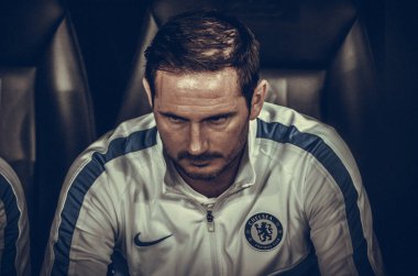 Istanbul, Turkey - August 14, 2019: Coach Frank Lampard with referee during the UEFA Super Cup Finals match between Liverpool and Chelsea at Vodafone Park in Vodafone Arena, Turkey