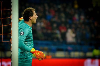 Kharkiv, Ukrayna - 11 Aralık 2019: Uefa Şampiyonlar Ligi maçında Andriy Pyatov, Shakhtar - Atalanta Bergamasca Calcio Bc (İtalya), Ukrayna