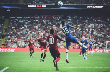 Istanbul, Turkey - August 14, 2019: Sadio Mane and Emerson during the UEFA Super Cup Finals match between Liverpool and Chelsea at Vodafone Park in Vodafone Arena, Turkey
