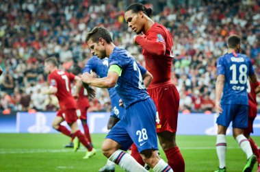 Istanbul, Turkey - August 14, 2019: Cesar Azpilicueta and Virgil van Dijk during the UEFA Super Cup Finals match between Liverpool and Chelsea at Vodafone Park in Vodafone Arena, Turkey
