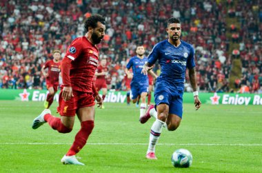Istanbul, Turkey - August 14, 2019: Mohamed Salah and Emerson during the UEFA Super Cup Finals match between Liverpool and Chelsea at Vodafone Park in Vodafone Arena, Turkey