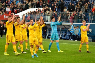 SAINT-PETERSBURG, RUSSIA - November 16, 2019: Belgian national football team thanks fans for their support after UEFA EURO 2020 qualifying match between Russia against Belgium, Russia