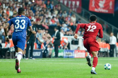Istanbul, Turkey - August 14, 2019: Emerson and Joe Gomez during the UEFA Super Cup Finals match between Liverpool and Chelsea at Vodafone Park in Vodafone Arena, Turkey
