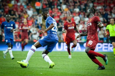 Istanbul, Turkey - August 14, 2019: Fikayo Tomori and Sadio Mane during the UEFA Super Cup Finals match between Liverpool and Chelsea at Vodafone Park in Vodafone Arena, Turkey