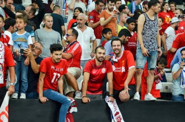 Istanbul, Turkey - August 14, 2019: Liverpool Football fans and supporters during the UEFA Super Cup Finals match between Liverpool and Chelsea at Vodafone Park in Vodafone Arena, Turkey