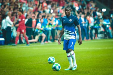 Istanbul, Turkey - August 14, 2019: N'Golo Kante player during the UEFA Super Cup Finals match between Liverpool and Chelsea in Vodafone Arena stadium, Turkey