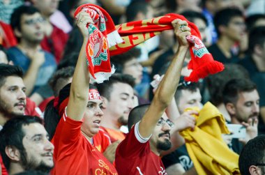 Istanbul, Turkey - August 14, 2019: Liverpool Football fans and spectators during the UEFA Super Cup Finals match between Liverpool and Chelsea at Vodafone Park in Vodafon Arena, Turkey