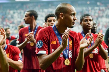 Istanbul, Turkey - August 14, 2019: Fabinho celebrate victory during the UEFA Super Cup Finals match between Liverpool and Chelsea at Vodafone Park in Vodafone Arena, Turkey