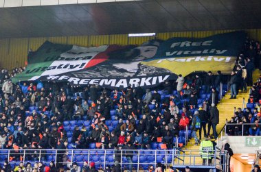 KHARKIV, UKRAINE - December 11, 2019: Large poster in support of Markiv during the UEFA Champions League match between Shakhtar vs Atalanta Bergamasca Calcio BC (Italy), Ukraine