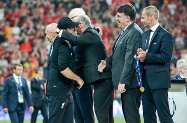 Istanbul, Turkey - August 14, 2019: Jurgen Klopp receives gold medals during the UEFA Super Cup Finals match between Liverpool and Chelsea at Vodafone Park in Vodafone Arena, Turkey