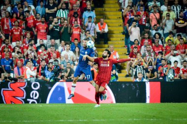 Istanbul, Turkey - August 14, 2019: Mateo Kovacic and Mohamed Salah during the UEFA Super Cup Finals match between Liverpool and Chelsea at Vodafone Park in Vodafone Arena, Turkey