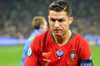 Kyiv, Ukrayna - 14 Ekim 2019: Uefa Euro 2020 ön eleme maçında Ukrayna milli takımı Ukrayna ile Ukrayna milli takımı arasında oynanan Cristiano Ronaldo