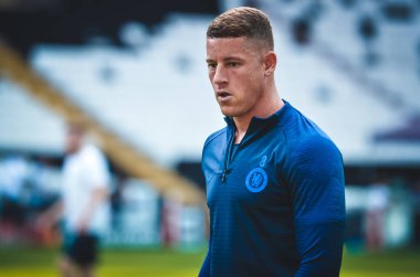 İstanbul, Türkiye - 14 Ağustos 2019: Ross Barkley ve oyuncuların Uefa Süper Kupası Finalleri öncesinde Vodafone Arena, Türkiye 'deki Vodafone Park' ta Liverpool ve Chelsea arasında oynanan karşılaşma öncesi antrenman oturumu