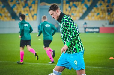 Lviv, Ukrayna - 28 Kasım 2019: Wout Weghorst ve Uefa Avrupa Ligi karşılaşması sırasında Alexandria Wolfsburg, Ukrayna