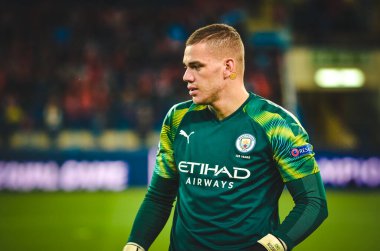KHARKIV, UKRAINE - September 18, 2019: Ederson player during the UEFA Champions League match between Shakhtar Donetsk vs Manchester City (England), Ukraine