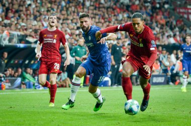 Istanbul, Turkey - August 14, 2019: Virgil van Dijk and Olivier Giroud during the UEFA Super Cup Finals match between Liverpool and Chelsea at Vodafone Park in Vodafone Arena, Turkey