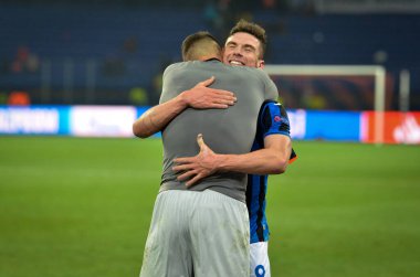 KHARKIV, UKRAINE - December 11, 2019: Robin Gosens celebrate victory during the UEFA Champions League match between Shakhtar vs Atalanta Bergamasca Calcio BC (Italy), Ukraine