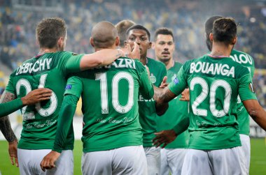 LVIV, UKRAINE - November 07, 2019: Wahbi Khazri  and AS Saint Etienne celebrate goal scored during the UEFA Europa League match between Alexandria (Ukraine) vs AS Saint Etienne (France), Ukraine