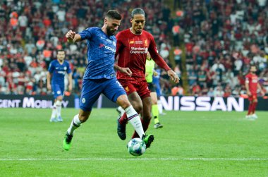 Istanbul, Turkey - August 14, 2019: Olivier Giroud and Virgil van Dijk during the UEFA Super Cup Finals match between Liverpool and Chelsea at Vodafone Park in Vodafone Arena, Turkey