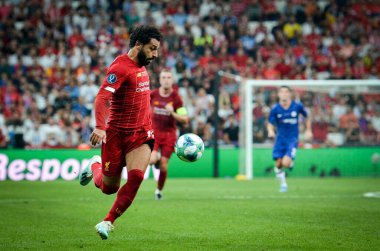 Istanbul, Turkey - August 14, 2019: Mohamed Salah player during the UEFA Super Cup Finals match between Liverpool and Chelsea at Vodafone Park in Vodafone Arena, Turkey