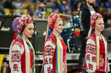 Kyiv, Ukrayna - 14 Ekim 2019: Ukrayna kadın milli takımı Uefa Euro 2020 ön eleme karşılaşmasında performans sergiliyor, Ukrayna