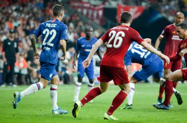Istanbul, Turkey - August 14, 2019: Andrew Robertson and Christian Pulisic during the UEFA Super Cup Finals match between Liverpool and Chelsea at Vodafone Park in Vodafone Arena, Turkey