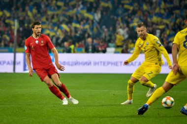Kyiv, Ukrayna - 14 Ekim 2019: Uefa Euro 2020 ön eleme maçında Ukrayna milli takımı Ukrayna milli takımı Ukrayna ile oynamıştır.