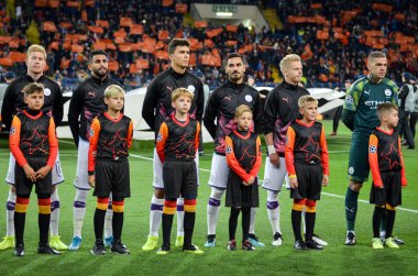 KHARKIV, UKRAINE - September 18, 2019: Manchester City Football player line up during the UEFA Champions League match between Shakhtar vs Manchester City, Ukraine