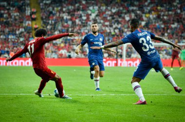 Istanbul, Turkey - August 14, 2019: Mohamed Salah and Emerson player during the UEFA Super Cup Finals match between Liverpool and Chelsea at Vodafone Park in Vodafone Arena, Turkey